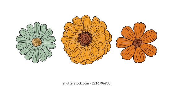 Retro Groovy Flower Set. Botanical vintage collection. Design for social media, packaging, Print on T-Shirts, Cards. Floral cliparts inspired by 70s Groovy Hippy. Doodle vector illustration isolated.