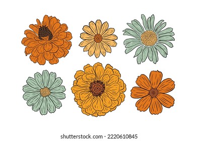 Retro Groovy Flower Set. Botanical vintage collection. Design for social media, packaging, Print on T-Shirts, Cards. Floral cliparts inspired by 70s Groovy Hippy. Doodle vector illustration isolated.