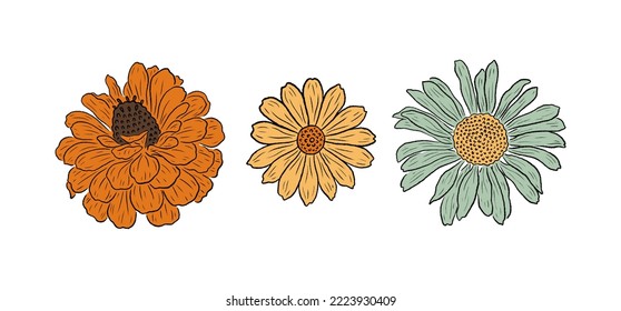 Retro Groovy Flower Set. Botanical vintage collection. Design for social media, packaging, Print on T-Shirts, Cards. Floral cliparts inspired by 70s Groovy Hippy. Doodle vector illustration isolated.