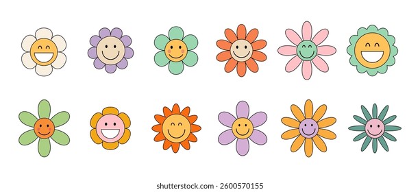 Retro groovy flower set. Cartoon flowers set with different faces. Hippie flowers. Retro 70s, psychedelic groove elements. Icon flowers set