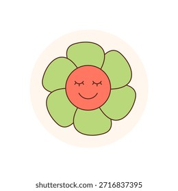 Parche retro de la etiqueta engomada de la flor groovy con la sonrisa naranja feliz y los pétalos verdes del círculo. Emblema lindo para la tapa o el sello del paquete, acento y2k con forma de parche juguetona para el paquete y la marca.
