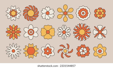 Retro groovy flowers 60s set. Hippie floral collection. Vintage blossoms. Trendy 70s nostalgia elements. Vector illustration. Sticker pack