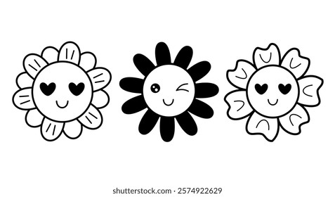 Retro groovy flowers clipart. Black and white flower doodle. Valentines day clipart. Valentine flowers in cartoon flat style. Hand draw vector illustration