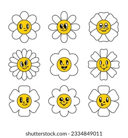 Retro groovy flowers collection. Vector set of funny emotions, smiling flowers from cartoons. Icons, stickers. Vector illustration. Groove design style.