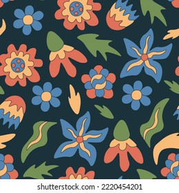 Retro groovy flowers elegant seamless pattern. Cute floral ornament, trendy background with liquid nature elements fluid daisy and tulip blossoms and wavy leaves on dark. Vintage psychedelic vector