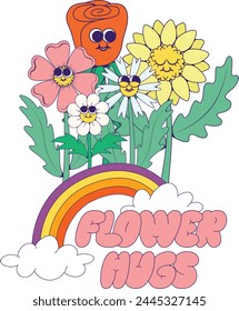 Retro groovy flowers mascot characters with quote