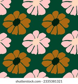 Retro groovy flowers seamless pattern. Vintage floral background. Abstract stylized botanical wallpaper. Design for fabric, textile print, wrapping paper, fashion, interior, cover, illustration