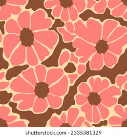 Retro groovy flowers seamless pattern. Vintage floral endless background. Trendy stylized botanical wallpaper. Design for fabric, textile print, wrapping paper, fashion, interior, cover, illustration