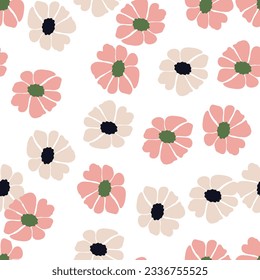 Flores retro groovy sin costuras. Fondo floral vintage. Resumen de papel tapiz botánico estilizado. Diseño para tela, imprenta textil, papel envolvente, moda, interior, cubierta, ilustración