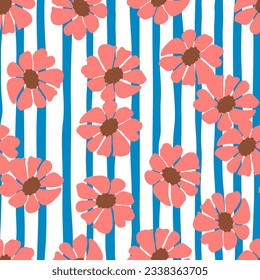 Retro groovy flowers seamless pattern. Vintage floral background. Abstract stylized botanical wallpaper. Design for fabric, textile print, wrapping paper, fashion, interior, cover, illustration