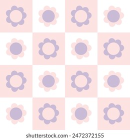 Retro groovy flowers seamless pattern. Checkered flower power background. Spring summer floral vector illustration
