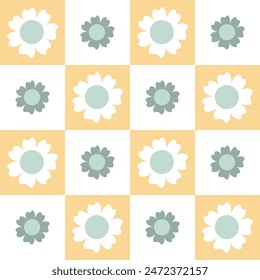 Retro groovy flowers seamless pattern. Checkered flower power background. Spring summer floral vector illustration