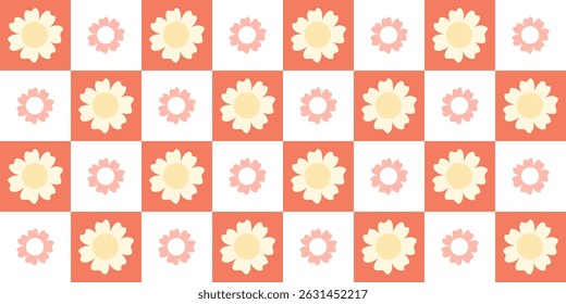 Flor Groovy sin patrón. Patrón de energía de flor a cuadros retro. Primavera, verano Diseño de Vector dibujado a mano floral en estilo de dibujos animados planos