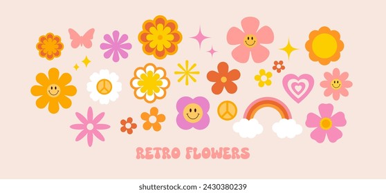 Retro groovy flowers set. Simple flat illustration. Vector