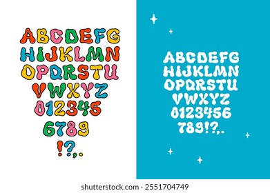 Retro groovy font alphabet. Hippie liquid cartoon modern funky font alphabet in 1960s style. Perfect for posters, cards and any designs.