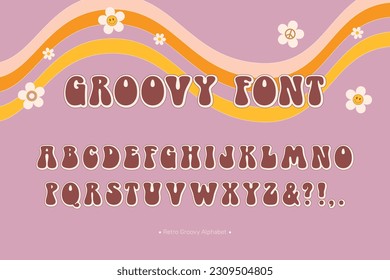 Retro Groovy Font. Trendy psychedelic alphabet. 1970s bubble letter style. Hippie hand drawn font. Decorative font for retro designs, posters, collages, greeting cards, clothing, merchandise and more.