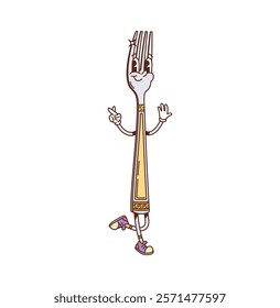 Retro groovy fork cartoon character for kitchenware or utensil, vector funny face. Funky groovy fork with happy smile and crossed fingers gesture for kitchen cutlery and kitchenware utensil character