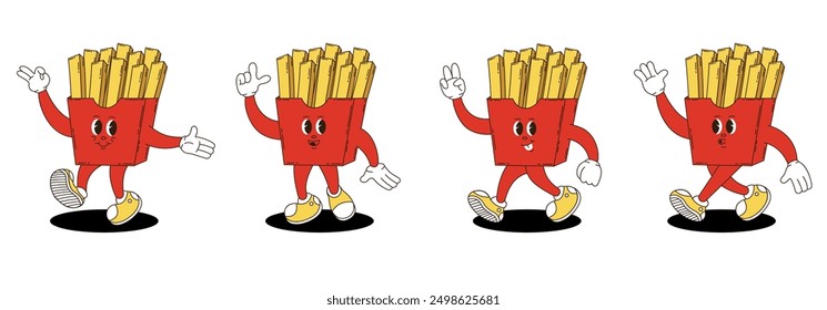 Retro groovy french fries characters set. 