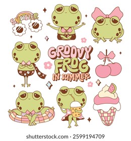 retro groovy frog in summer elements isolated on white background. vector illustration.