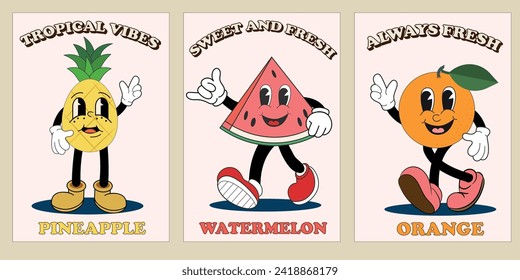 Retro groovy fruit character. Retro groovy summer posters set. Cartoon summer 60s, 70s stickers, stamps or patches. Vintage fresh fruit mascot. Trendy retro style. 