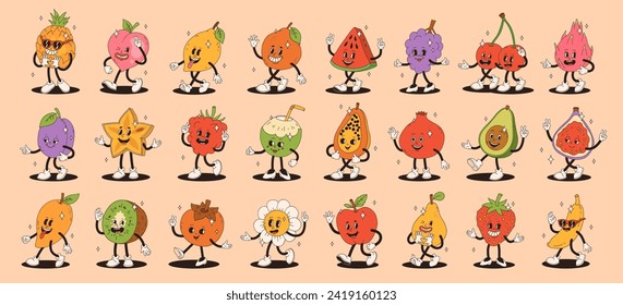 Retro groovy fruit characters. Big collection of funky happy mascots with happy smiling face.