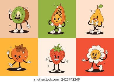 Retro groovy fruit characters. Big collection of funky happy mascots with happy smiling face.