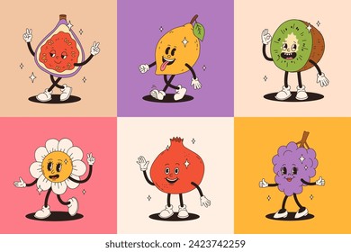 Retro groovy fruit characters. Big collection of funky happy mascots with happy smiling face.