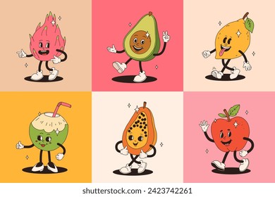 Retro groovy fruit characters. Big collection of funky happy mascots with happy smiling face.