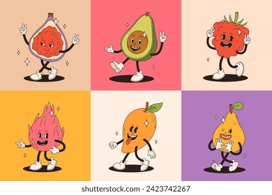 Retro groovy fruit characters. Big collection of funky happy mascots with happy smiling face.