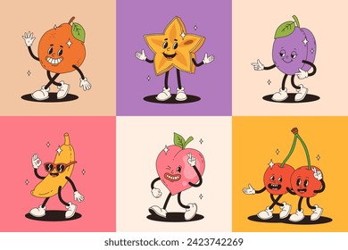 Retro groovy fruit characters. Big collection of funky happy mascots with happy smiling face.