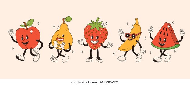 Retro groovy Obstfiguren. Funky Cartoon Maskottchen aus Apfelbirne Erdbeeren Banane Wassermelon mit glücklichem Lächeln Gesicht, Hände und Füße. Vintage Sommer Vektorgrafik. Fruchtsaft-Aufkleberpackung.