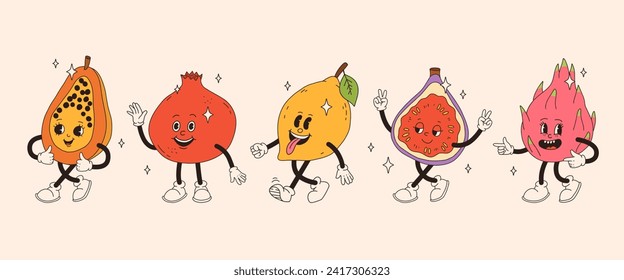 Retro groovy fruit characters. Funky cartoon mascot of papaya pomegranate lemon fig dragon fruit with happy smile face, hands and feet. Vintage summer vector illustration. Fruits juicy sticker pack.