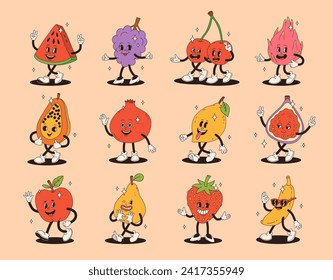Retro groovy fruit characters. Funky cartoon mascot of watermelon grape cherry dragon fruit papaya pomegranate lemon fig apple pear strawberry banana with happy smile face.