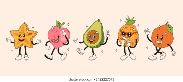 Personajes de frutas retro groovy. Funky caricatura mascota de melocotón karambola aguacate piña anaranjada con cara de sonrisa feliz. Divertido personaje de moda vintage.