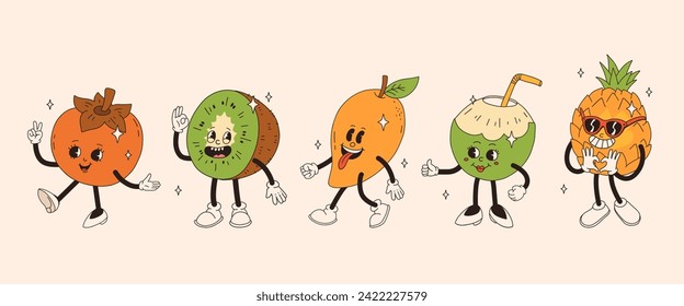 Retro groovy fruit characters. Funky cartoon mascot of persimmon kiwi mango green coconut pineaaple with happy smile face. Funny vintage trendy style character.