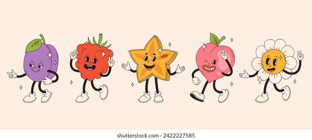 Personajes de frutas retro groovy. Funky mascota de dibujos animados de durazno de frambuesa de ciruela karambola y flor de margarita con cara de sonrisa feliz. Divertido personaje de moda vintage.