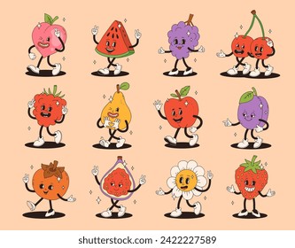 Retro groovy fruit characters. Funky cartoon mascot of peach watermelon plum cherry strawberry raspberry pear apple grape persimmon fig daisy flower with happy smile face.