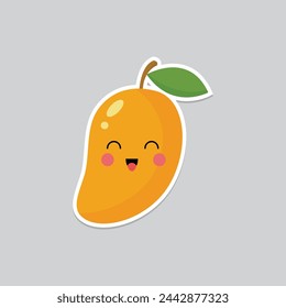 Retro groovy fruit characters. Funky cartoon mascot of mango with happy smile face, hands and feet. Vintage summer vector illustration. Fruits juicy sticker pack