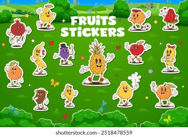 Retro groovy fruit characters stickers pack. Vector pineapple, banana, orange and lemon, grapefruit, apple, watermelon and pomegranate with pear, peach, quince and kiwi or plum on green summer meadow