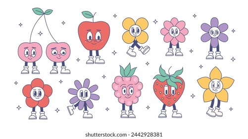 Retro fruta groovy, conjunto de personajes de flores. Vector de dibujos animados divertida margarita, manzana, fresa, cereza, frambuesa. Frutas modernas de moda.