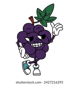 Retro groovy fruit vinograge. Retro cartoon stickers with funny comic book characters and gloved hands flirting. A fruit with emotions on its face. Cool fruits. Groovy, y2k, 70s, 60s, retro