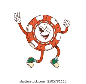 Retro groovy funky casino chip character with big smile and vintage shoes, joyfully dancing and making a peace sign. Isolated cartoon vector gamble game personage evokes feelings of fun and positivity