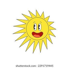 Retro groovy funky crazy sun character. Psychedelic hippie old funny solar mascot. Abstract vintage hippy bright smiley sticker. Trendy y2k pop culture smiling sunny hipster symbol vector trippy print