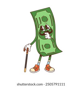 Retro groovy funky dollar bill character with a mustache, cane, and sneakers, exudes a nostalgic vibe and conveys themes of wealth, fun, and financial success. Cartoon vector vintage gentleman money