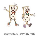 Retro groovy funky domino characters dancing cheerfully. Isolated cartoon vector two game bone personages with expressive faces, bow ties, and sneakers, exuding retro fun, playfulness and nostalgia
