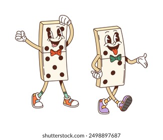 Retro groovy funky domino characters dancing cheerfully. Isolated cartoon vector two game bone personages with expressive faces, bow ties, and sneakers, exuding retro fun, playfulness and nostalgia