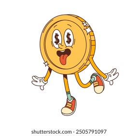 Retro groovy funky jackpot carácter de la moneda de oro con ojos de signo de dólar y sobresaliendo lengua que exuda emoción y alegría. Vector de dibujos animados alegre personaje de la moneda exuda suerte, riqueza, éxito financiero