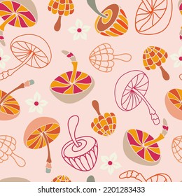 Retro Groovy Funky Mushrooms Vector Seamless Pattern