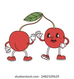 Retro groovy funny berries. Naughty anthropomorphic character red twin cherries on white background. Vector flat illustration