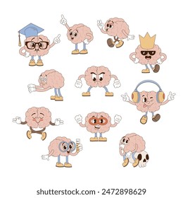 Retro groovy funny cartoon brain clip art set. Human organ anatomy medical illustration.